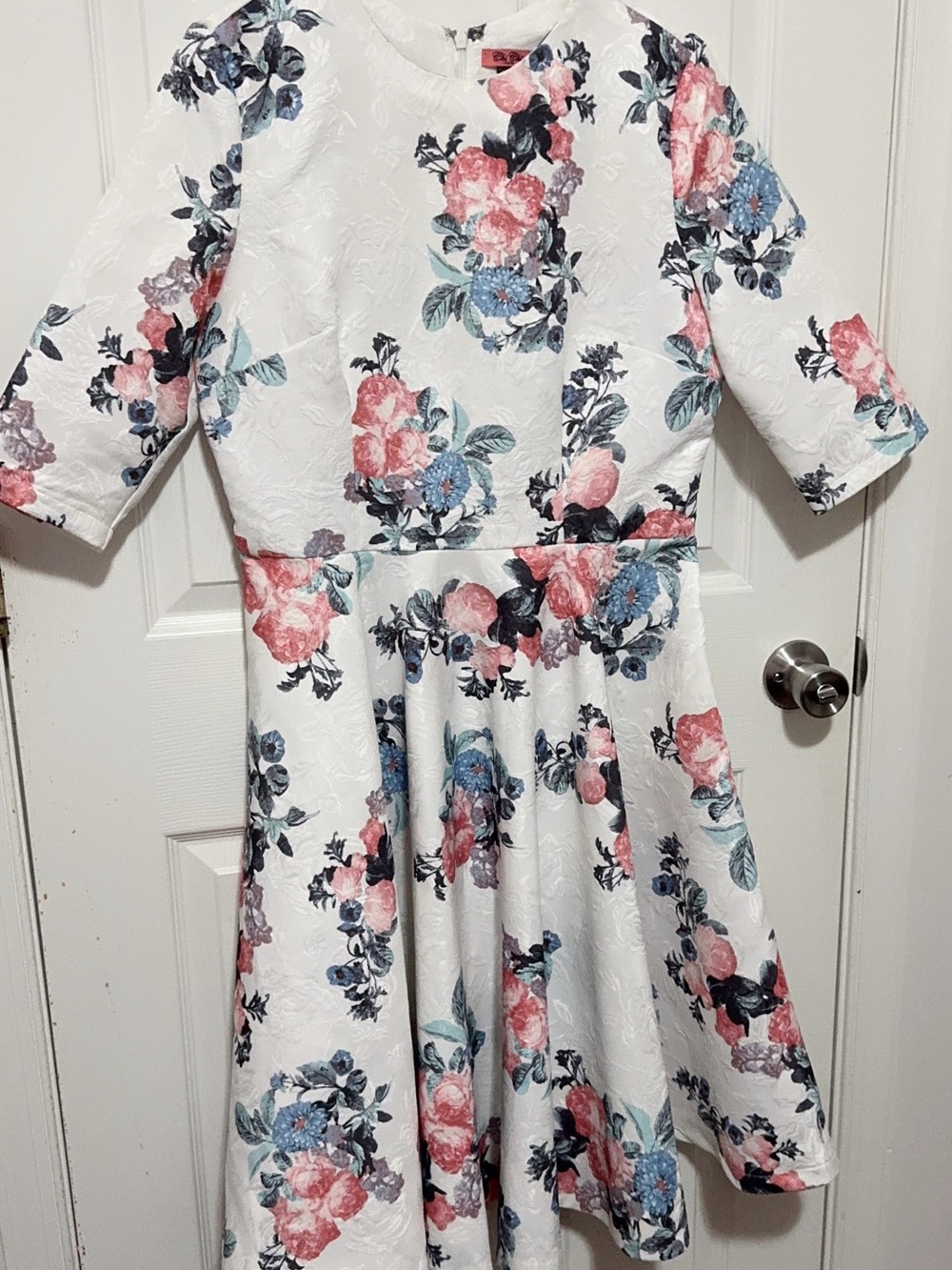 Chi Chi London White Floral Fit-and-Flare Dress with Pink and Blue Blooms